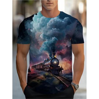 Camiseta Masculina de Manga Curta com Estampa de Trem Grande Impressa em 3D para Homens Camiseta de Moda de Verão Top Versátil Casual Confortável