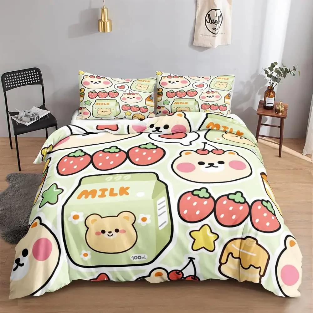 3Pcs Full Size Sweet Strawberry Bedding Set Duvet Cover for Kids Children Teens Comforter Cover Bed Room Decor Pink Quilt Cover