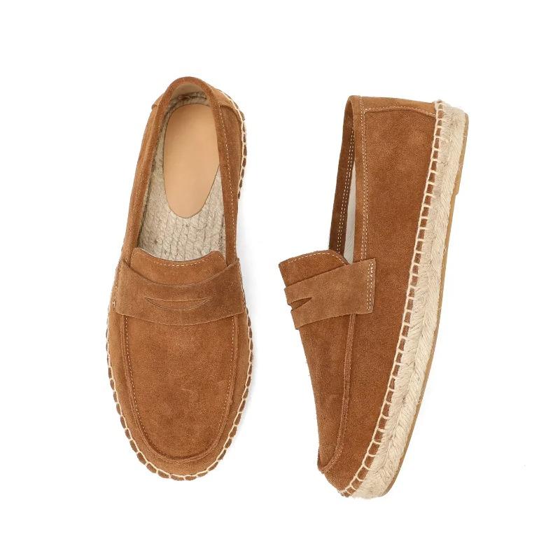 LUXSOLE Men's Jute Espadrilles Slip On Loafers Cow Suede Leather Casual Shoes