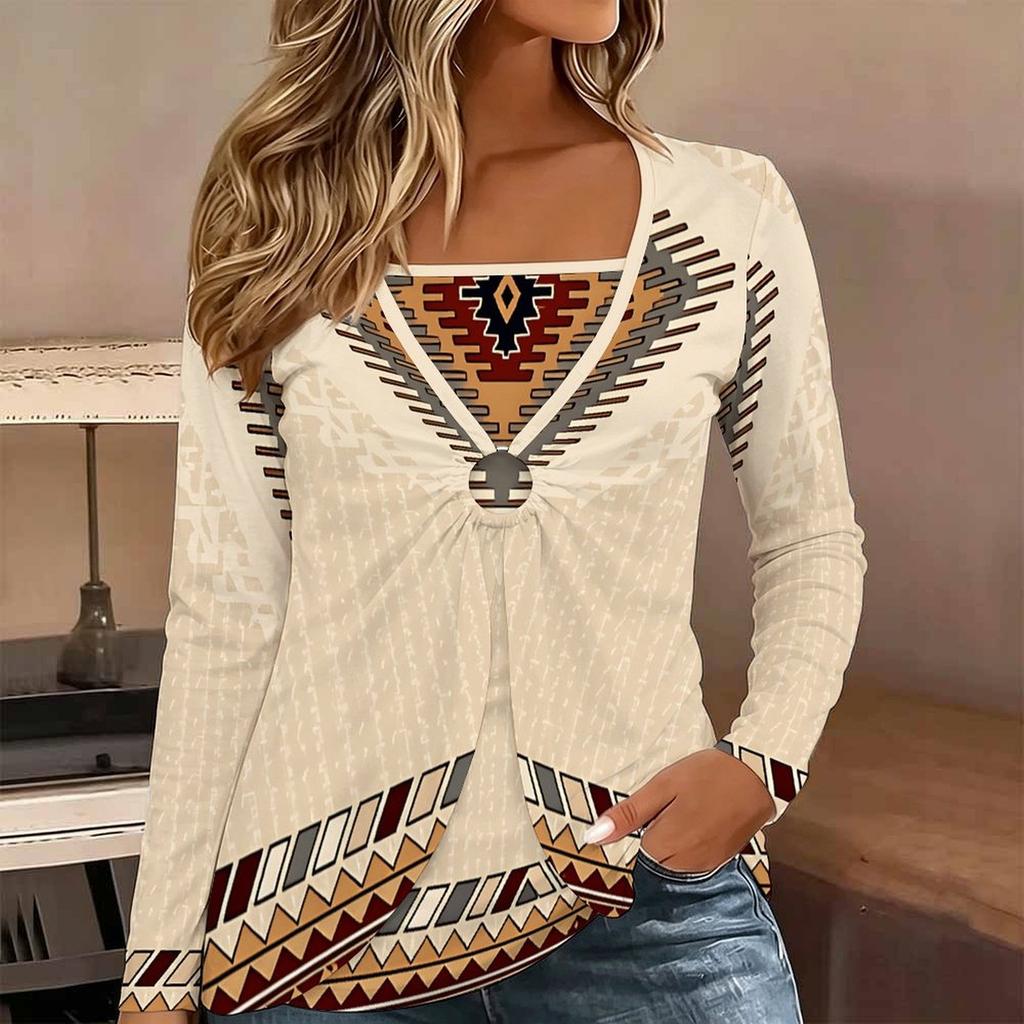 Tops for Women Distressed Floral Print Long Sleeve Fake Two‑Piece Top Fall Casual Slim Pullover Women's Long Sleeve Top