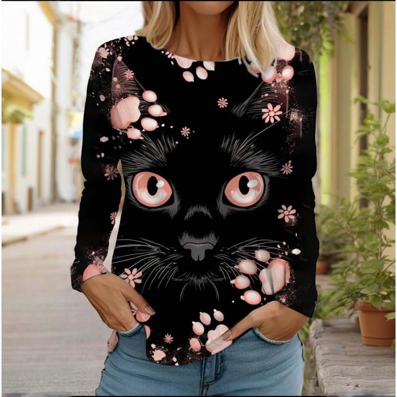 

Футболки з котячим малюнком з довгими рукавами Жіночі футболки Вихідний одяг з 3D-принтом Модний смішний круглий виріз Регулярний крій Весна та осінь XL
