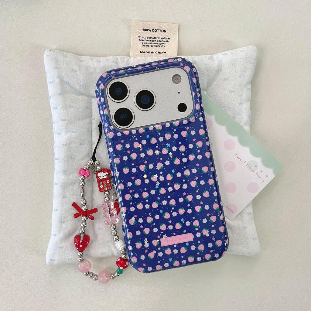 Korean Style Strawberry iPhone 14/15/16/17 Pro Max Blue Phone Case for Women