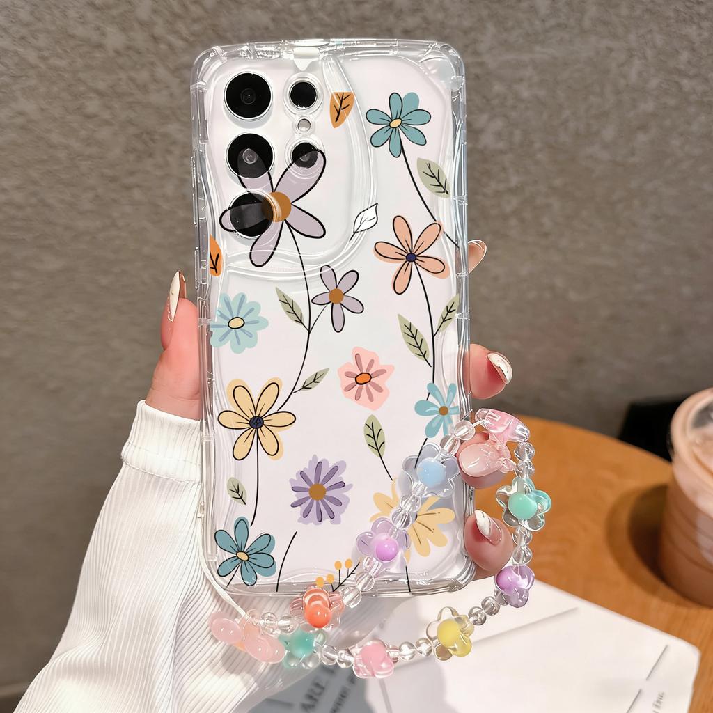 Clear Floral Leaf Chain Strap 3D Wave Case For IPhone 17 16 15 14 13 12 11 Pro Max 17 Pro 17 Air 16e 16 Plus 13 Mini Soft Cover