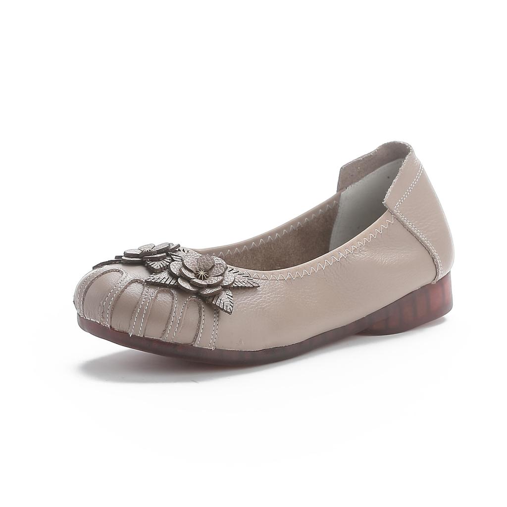 Retro Ethnic Style Genuine Leather Mother Shoes Heel Beef Tendon Sole Comfortable Soft Bottom Layer Cowhide Anti-slip Flower Single Shoes for Women