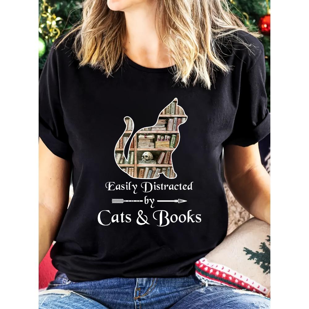 Women's Casual Short Sleeve with Cat and Bookshelf Print Easily Distracted By Cats Summer Sleeved Tops Tees