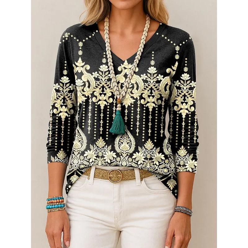 

Туника Графический Пейсли V-образный вырез Длинный рукав Женские футболки Элегантные Модные Винтажные футболки Обычные Пуловеры Топы 5XL