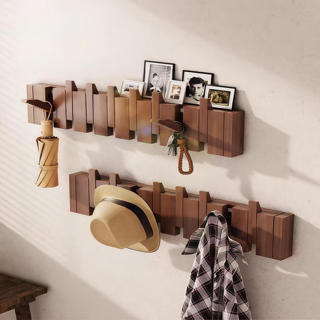[Wall-Mounted Coat Rack] 1pc Natural Wood Wall-Mounted Coat Rack with Hooks -Piano-Shaped Accordion Design,Walnut Finish,Space-Saving Vertical Storage