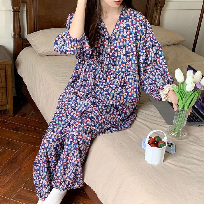 100% Viscose Floral Printed Ladies Kimono Style Pajamas Set Loose Thin V-Neck Three Quarte Sleeves 2Pcs Sleepwear Loose Homewear