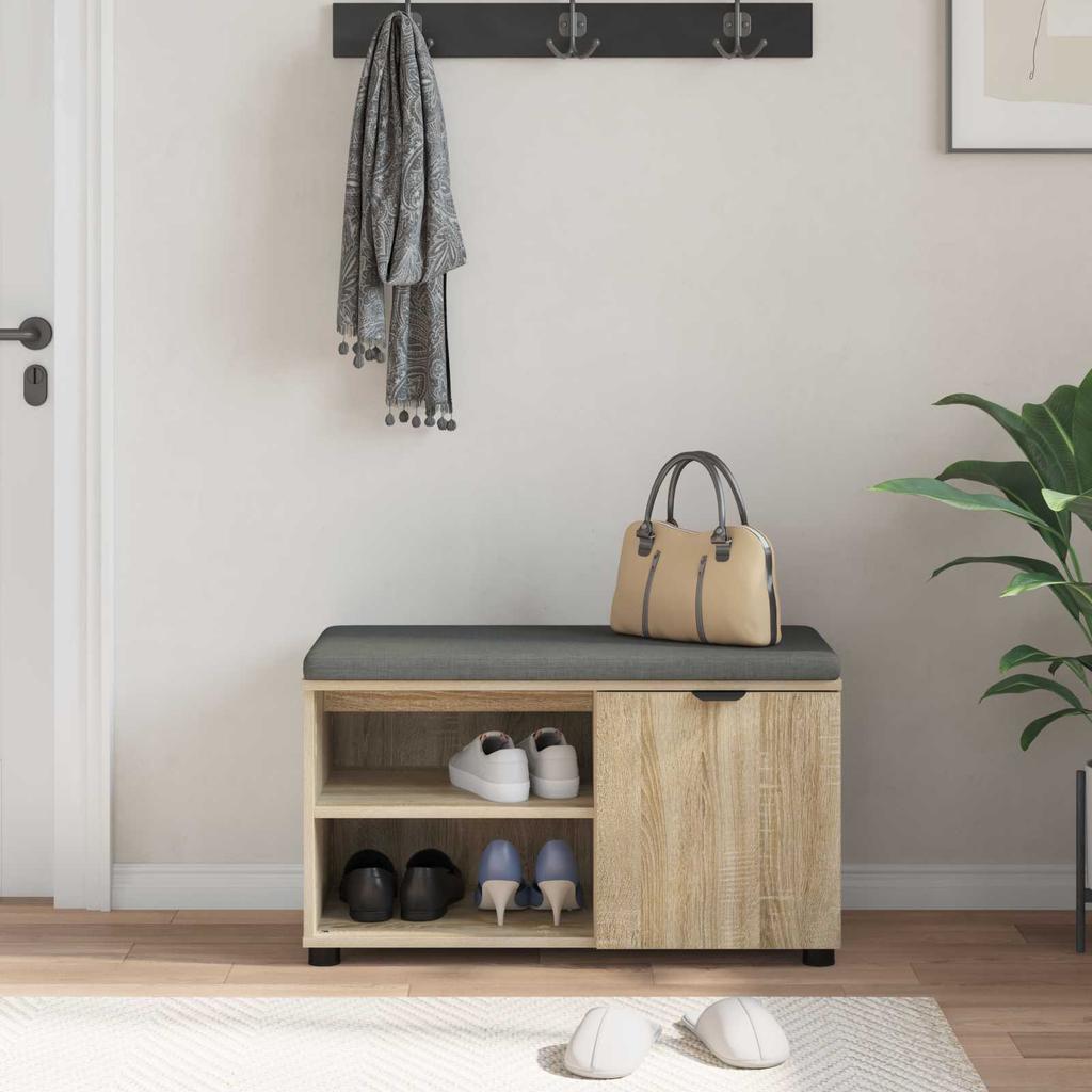 Hallway Bench with Cushion and Shelf Sonoma Oak Finish 80 x 38 x 46 cm