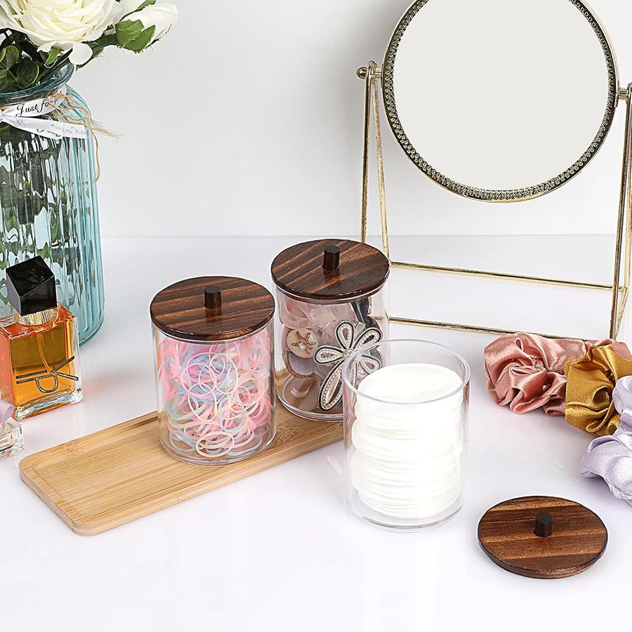 3 Pcs Bathroom Jar Qtip Holder with Vanity Tray Clear Cotton Ball Holder Cotton Swab Dispenser Bathroom Storage Canister