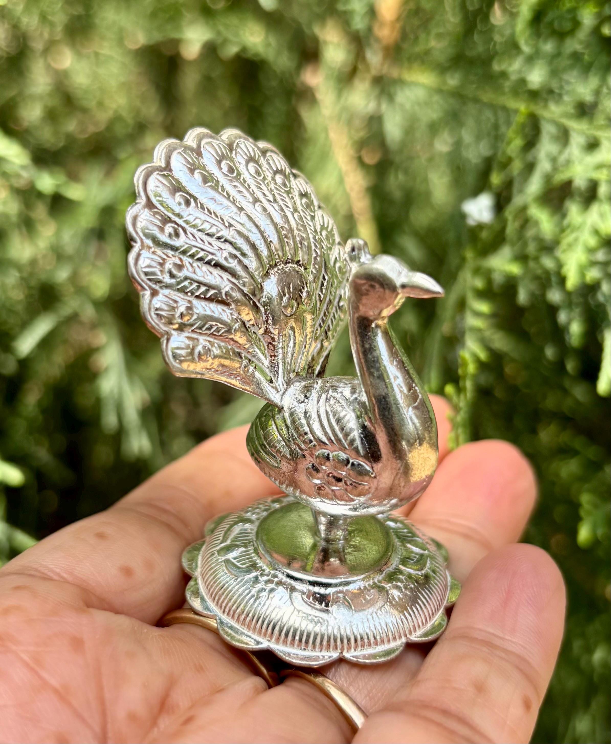 999 Sterling Silver Hindu Religious Peacock Idol Statue 5.5 cm 16 gm Temple Pooja, Vehicle Vahana of Kartikeya, Silver collectibles Mayura One Size