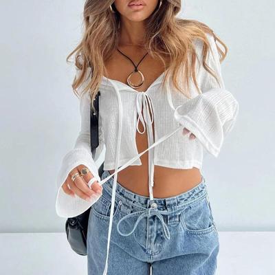 European and American Style Solid Color Sexy Knitwear Autumn Fresh and Slimming Tie Up Long Sleeved Top