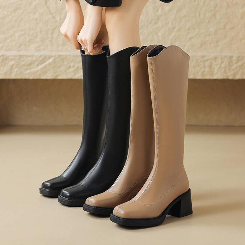 Autumn and winter women's leather Martin boots solid color comfortable platform high heels new square head rubber sole high boots women