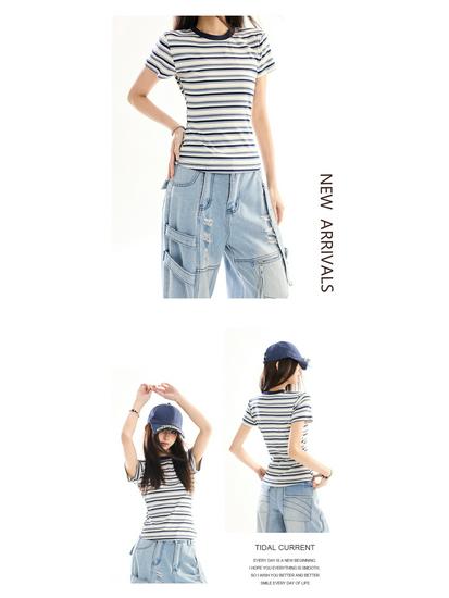 Retro Striped Slim Fit Cropped Short Sleeve T-shirt - Early Spring Petite Millennium Style
