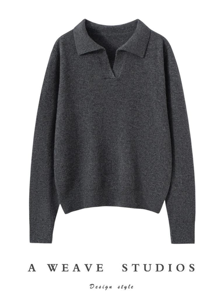 Elegant Cashmere Slim-Fit Sweater - Women's Autumn & Winter Knitwear with Small Lapel.