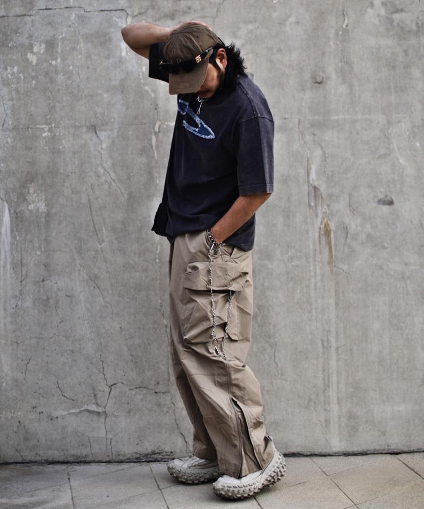 Kallapataleu Wide Balloon Ankle Zip Belted Cargo Pants - Beige