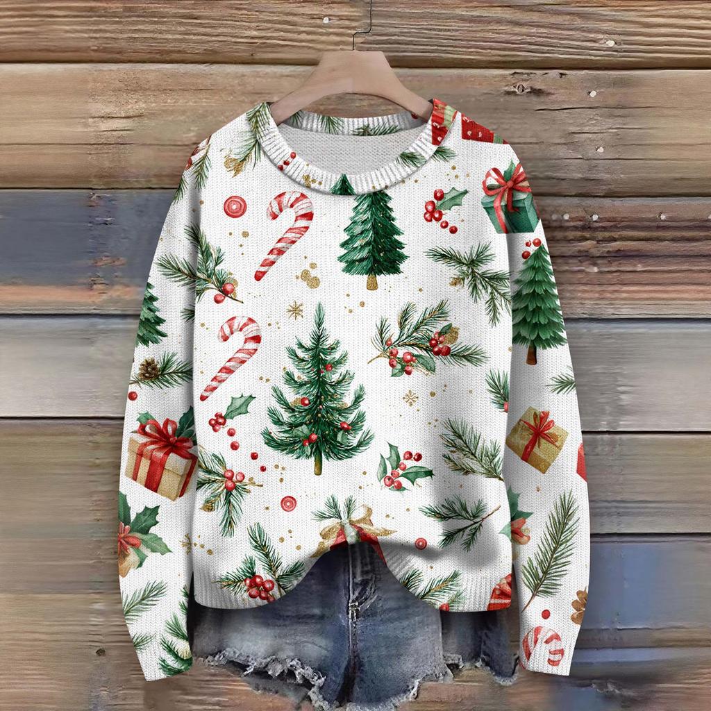 Long Sleeve Pullover Sweaters For Women O Neck Casual Cute Printing Knit Oversized Sweater