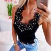 Nowa letnia seksowna bez rękawów, dekolt w szpic, koronkowy panel z koralikami Top T-shirt Kamizelka damska Koszule damskie Tshirt