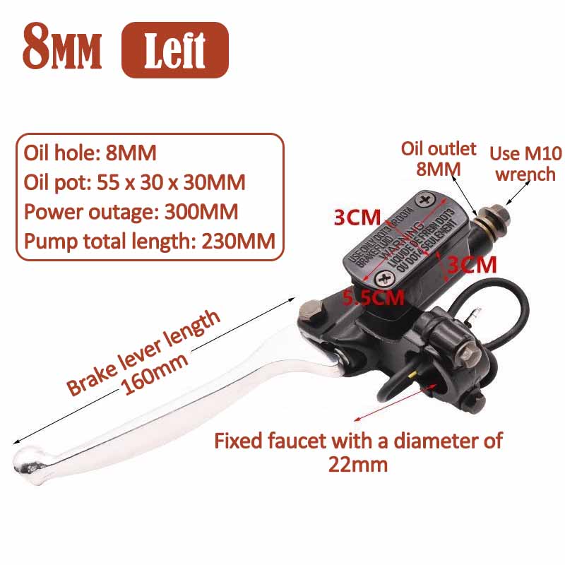22MM Motorcycle Brake Pump Front Master Cylinder Hydraulic Brake Lever 8MM/10MM Aluminum for Dirt Pit Bike ATV Quad Go Kart 8MM Left