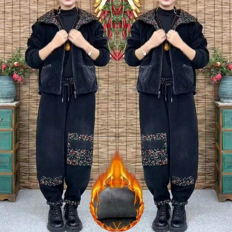 Plus Velvet Thick Corduroy Winter Hooded Suit Mother Is Thin Women's Western Style Fashion Jacket Two-piece Suit