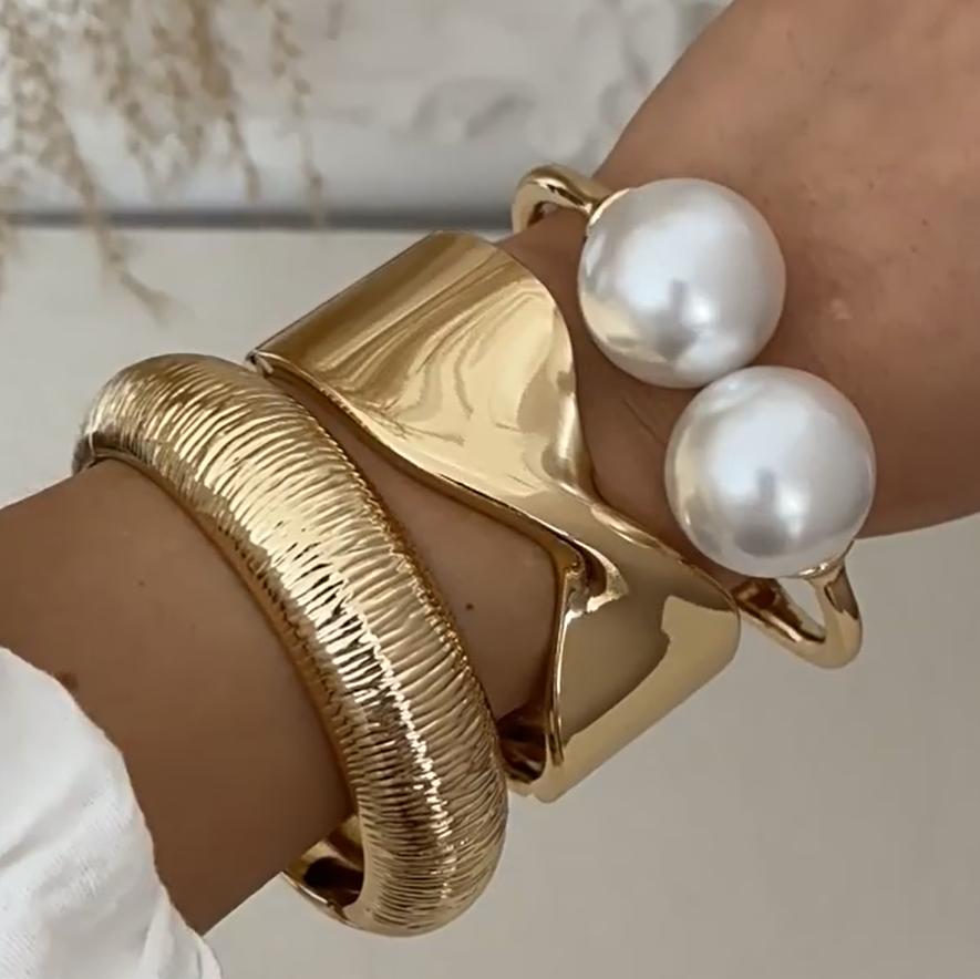 DIEZI 3 Style Exaggerated Gold Color Metal Pearl Cuff Bangles for Women Men Hip Hop Punk Geometric Round Bracelet Party Jewelry