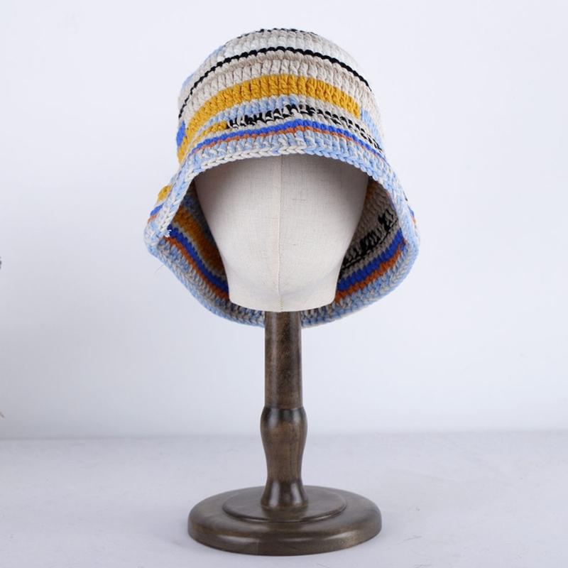 Popular Female Hat Knitting Bucket Hat Handmade Crochet Rainbow Fisherman Hat Women Girl Photo Beanie Warm Striped Cap