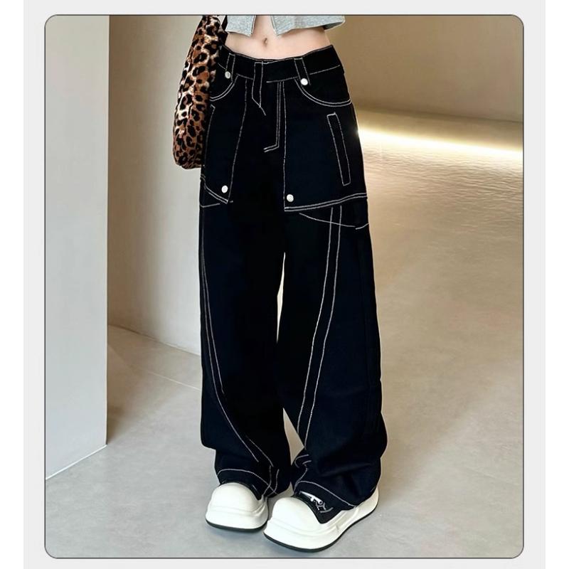 Fashionable Personalized Bright-line Personalized Straight Jeans Women In Spring and Autumn New American Retro Loose Wide-leg Pants