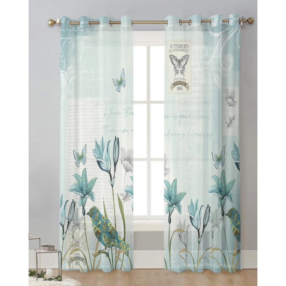 Rustic Vintage Tulip Flower Bird Sheer Curtains for Living Room Decoration Window Curtain Kitchen Tulle Voile Organza Drapes