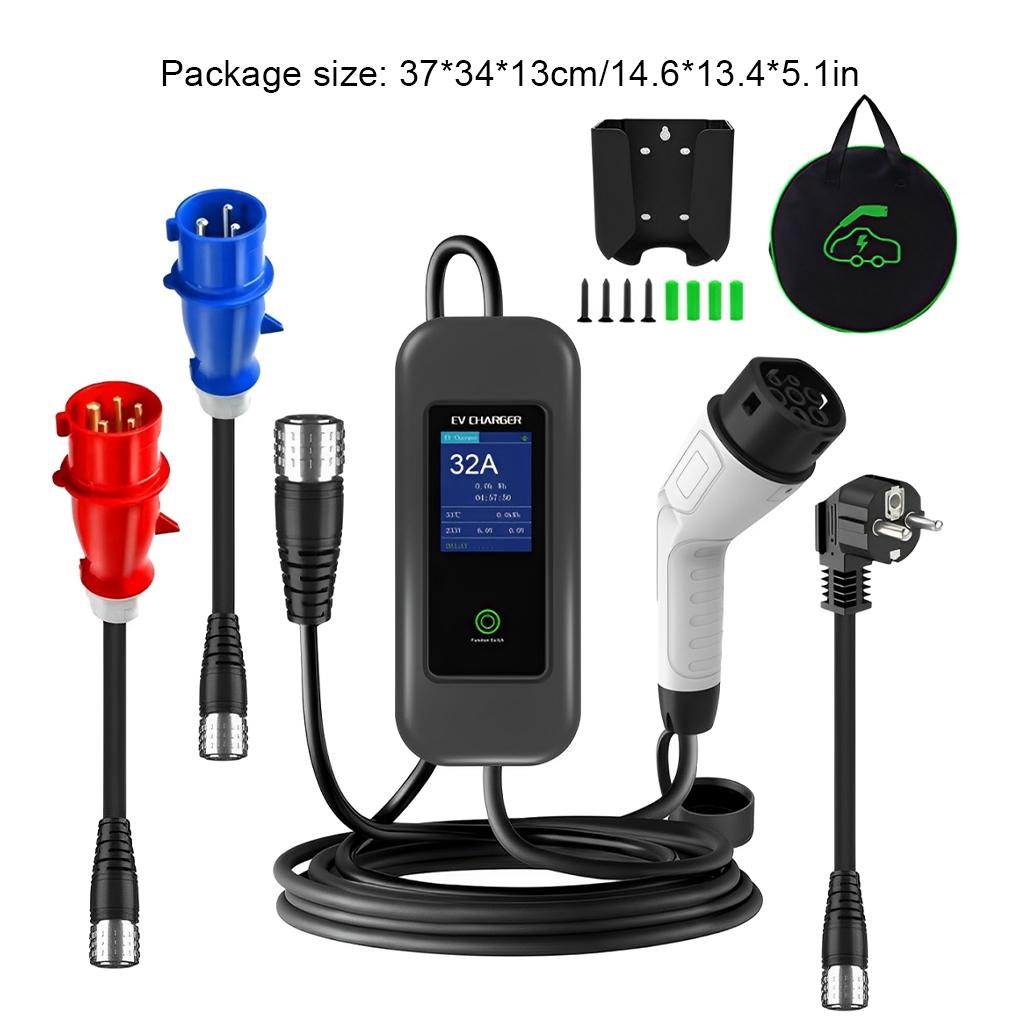 22KW 32A Type 2 Electric Vehicle Charging 5M Cable Ev Charger Ev Charge Current Auto Adjustable with 3 adapter cables