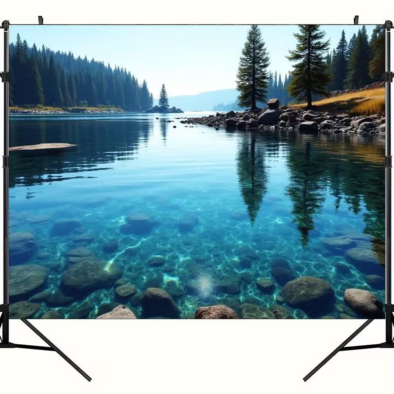 Serene Mountain Forest Lake Scenery Background Cloth for Studio Photoshoot