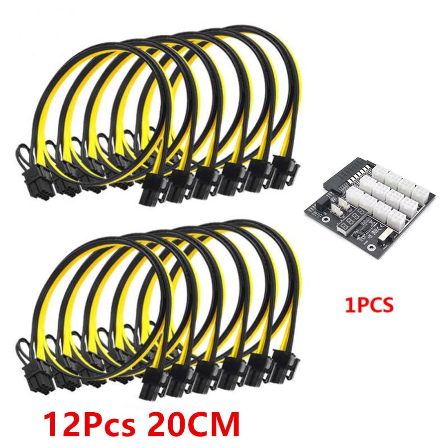 Breakout Board 12V with 12Pcs 20CM 6pin to 6+2PIN Cable for Mining GPU 2200W PSU