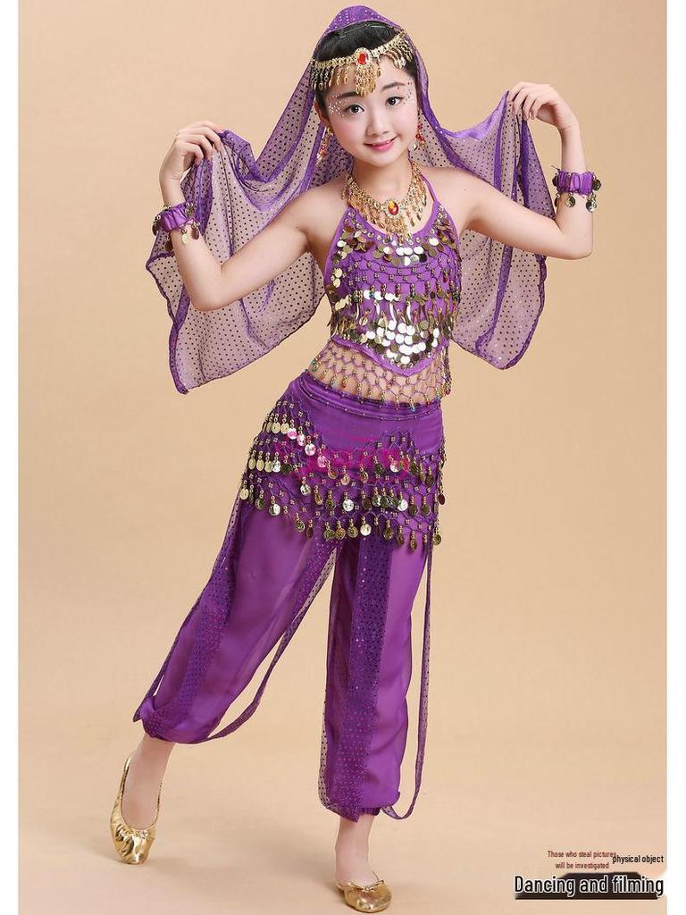Costume Etnico Danza dello Xinjiang per Bambini - Set Performance Danza del Ventre con Pantaloni Evidenziati