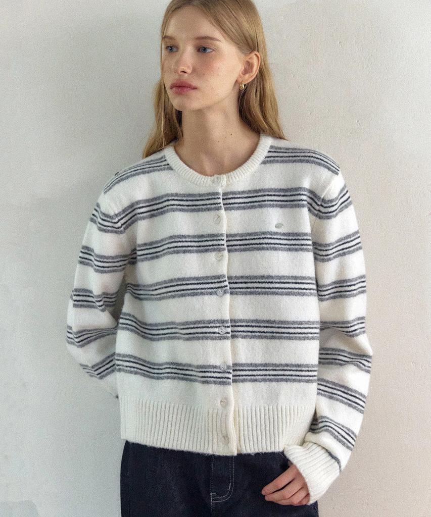 Ourhope Multi-Stripe Round Neck Cardigan - Ivory
