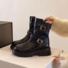 British Style Retro Round Head Thick-soled Martin Boots for Women 2025 Autumn and Winter New Thick Heel Short Boots Belt Buckle Boots for Women