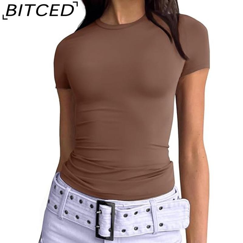 BITCED Damska koszulka z długim rękawem na lato: Stylowe topy z dekoltem O, dopasowane, do noszenia jako warstwa zewnętrzna