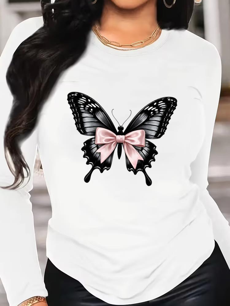 (Asian Size) Tee o-neck Print autumn winter spring Women Clothing butterfly 90s trend Casual Long Sleeve T Shirt Fashion Top Graphic T-shirts
