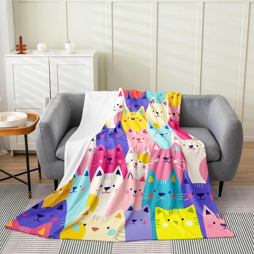 Colorful Cat Pattern Throw Blanket Cute Cartoon Design for Living Room Sofa Decor KidsRoomStyle Gift for Her 150x100