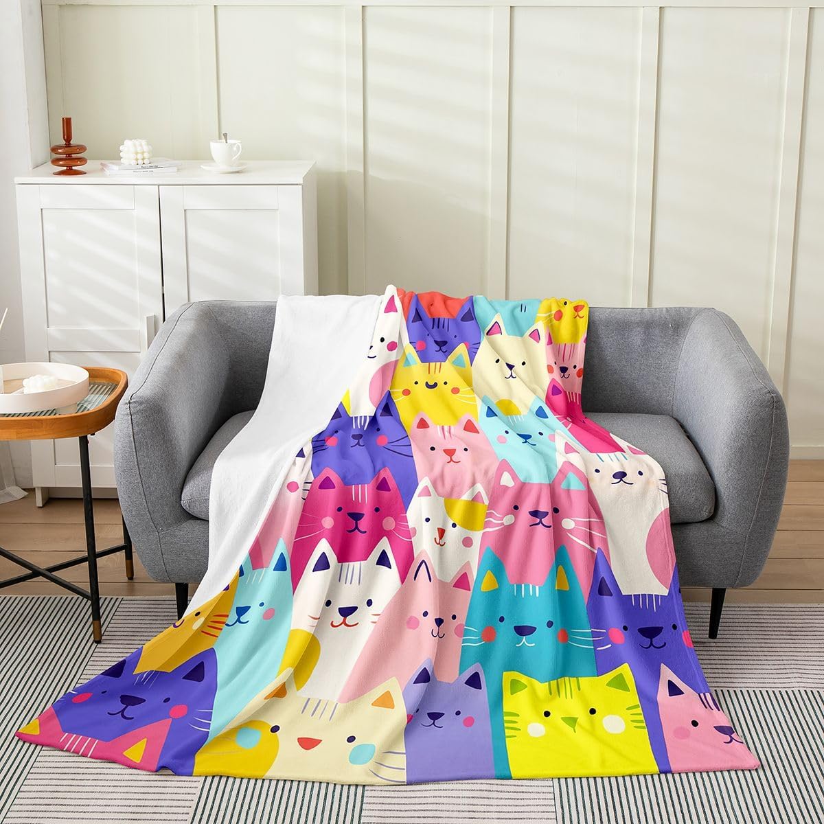 

Colorful Cat Pattern Throw Blanket Cute Cartoon Design for Living Room Sofa Decor KidsRoomStyle Gift for Her 150x100 70x100cm28x39in