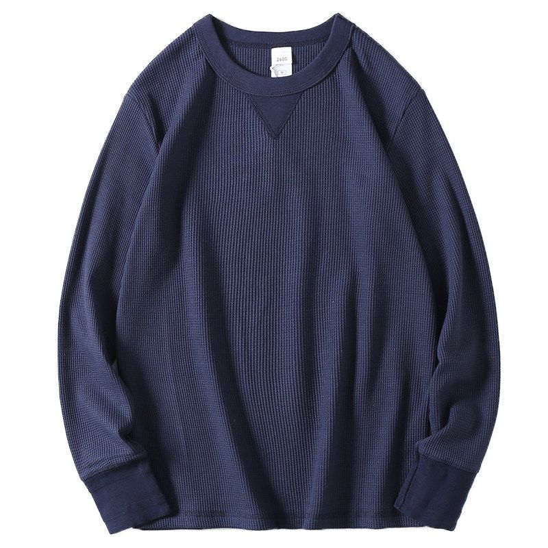 Export Factory Leftover Stock Spring New American Waffle Long-Sleeved T-shirt Men's Solid Color Casual round Neck Bottoming Shirt Fashion
