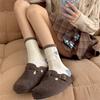 Coffee-brown Wool Mid-calf Socks for Women's Autumn and Winter, Featuring Cartoon Bear Embroidery and Retro Warm Long Calf Socks