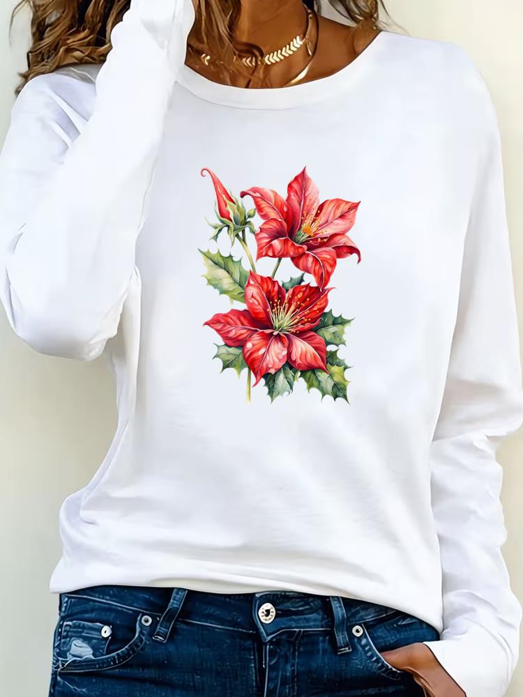 (Asian Size) Tee Lady Printed  Female Watercolor Flower Trend Clothing Women T Shirt Casual Fashion Top Long Sleeve  Graphic T-shirts