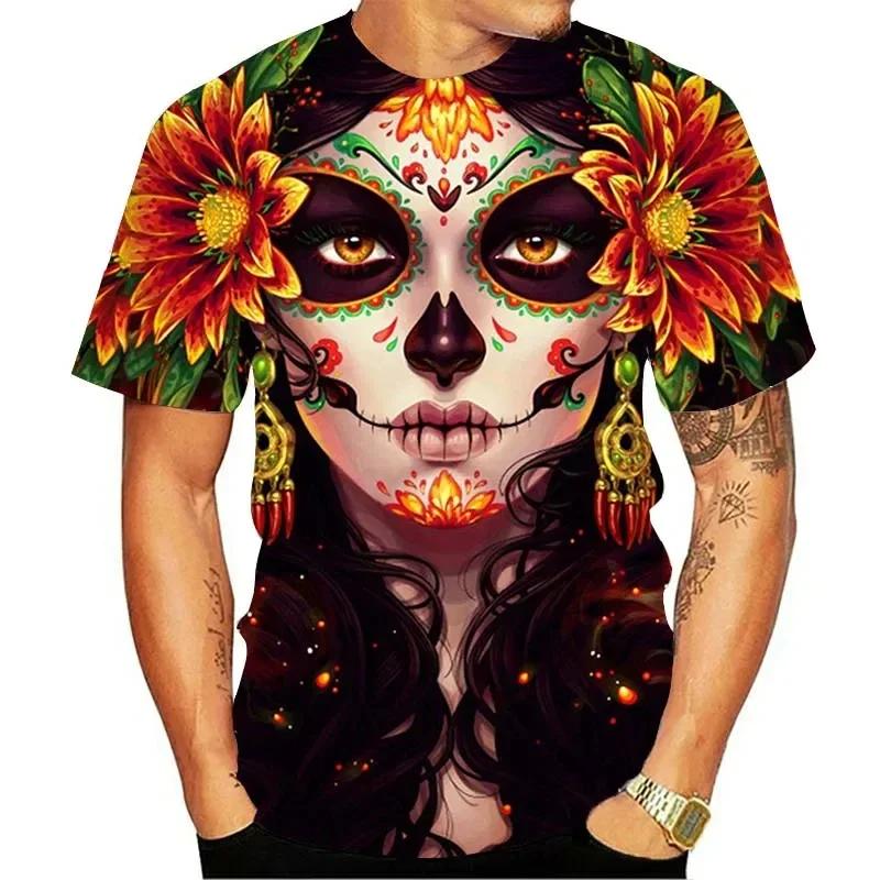 Summer Round Neck 3D Skull Beauty Pattern Print Top Fashionable Casual Short Sleeved Men's T-shirts