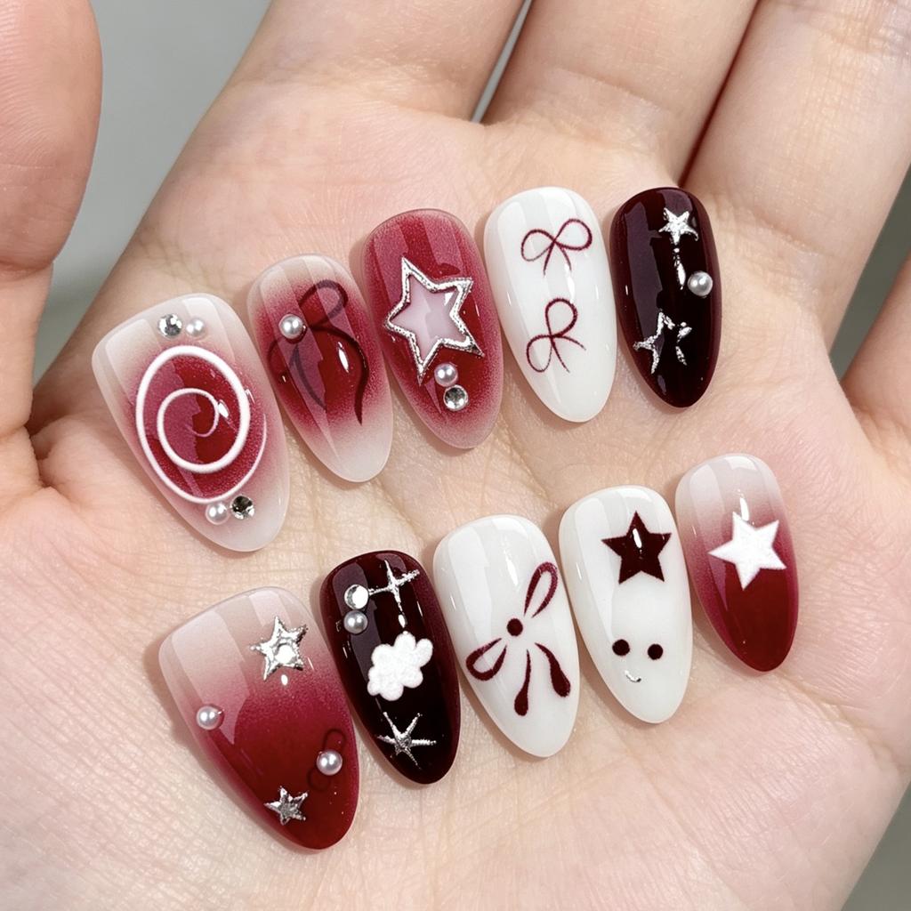 24Pcs Y2K Pink French Press On Nails 3D Metallic Silver Star Butterfly Almond False Nails Sweet Cool Wearable Manicure