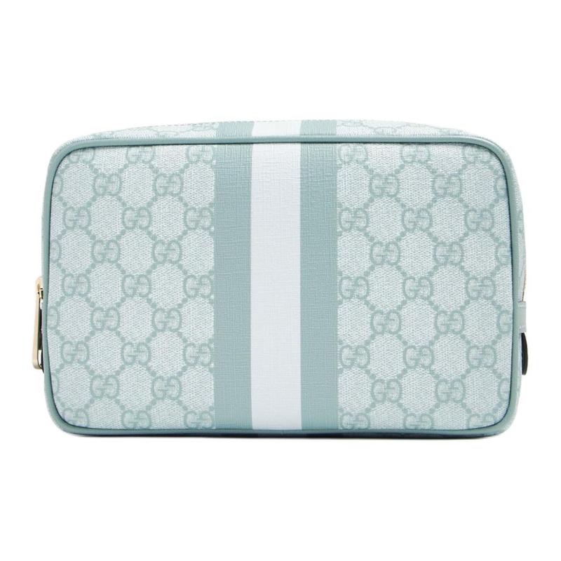 Gucci Ophidia GG Double G logo zipper closure canvas and leather cosmetic bag small size women s gray blue синий