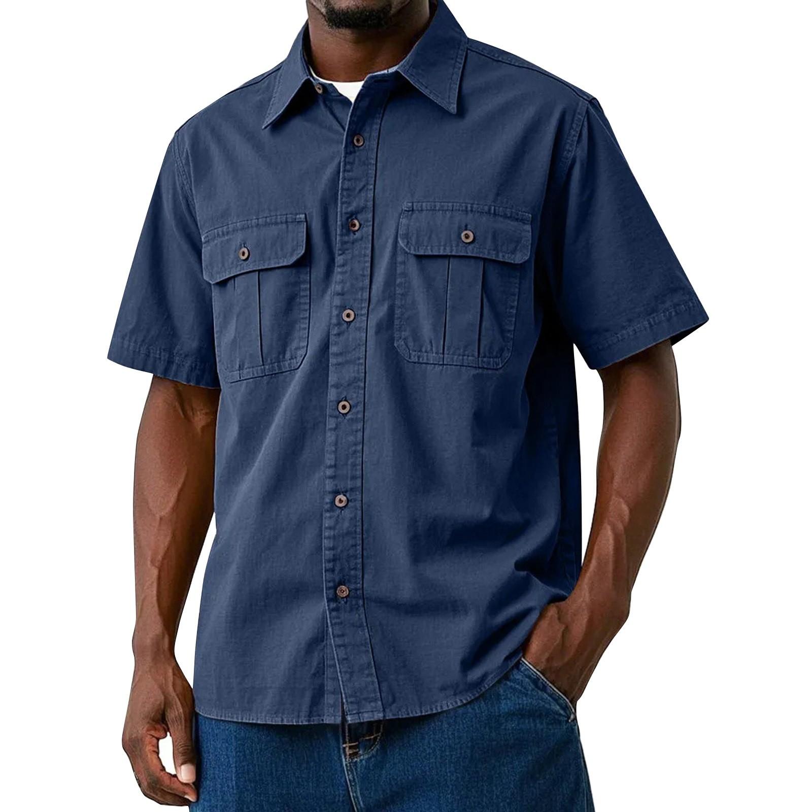 

Мужская летняя однотонная рубашка с лацканами и короткими рукавами, мужская повседневная модная рубашка с короткими рукавами XXL тёмно-синий