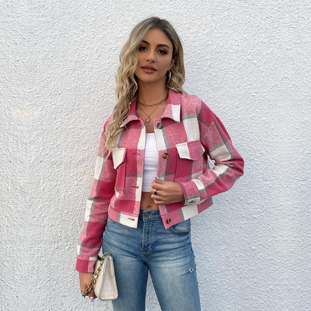 Women's Point Collar Long Sleeve Shacket Loose Fit Retro Fashion Plaid Jacket