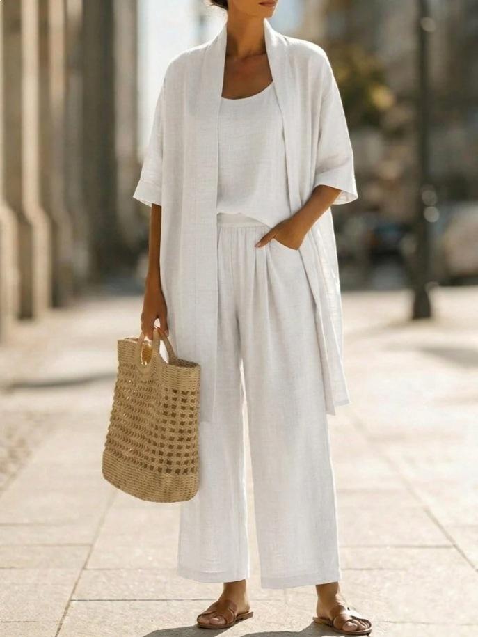 

Women s Short Sleeve Open Front Cardigan and Wide Leg Pants 2 Piece Set in White S белый