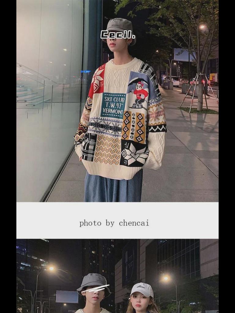 Women's Contrast Stitching Sweater - Winter Thick, Loose Fit, Japanese Trendy Brand, Versatile, Round Neck Casual Knit Jacket