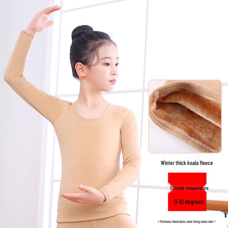 Children's Performance Base Layer: Flesh-Colored Fleece Dance Shirt for Winter