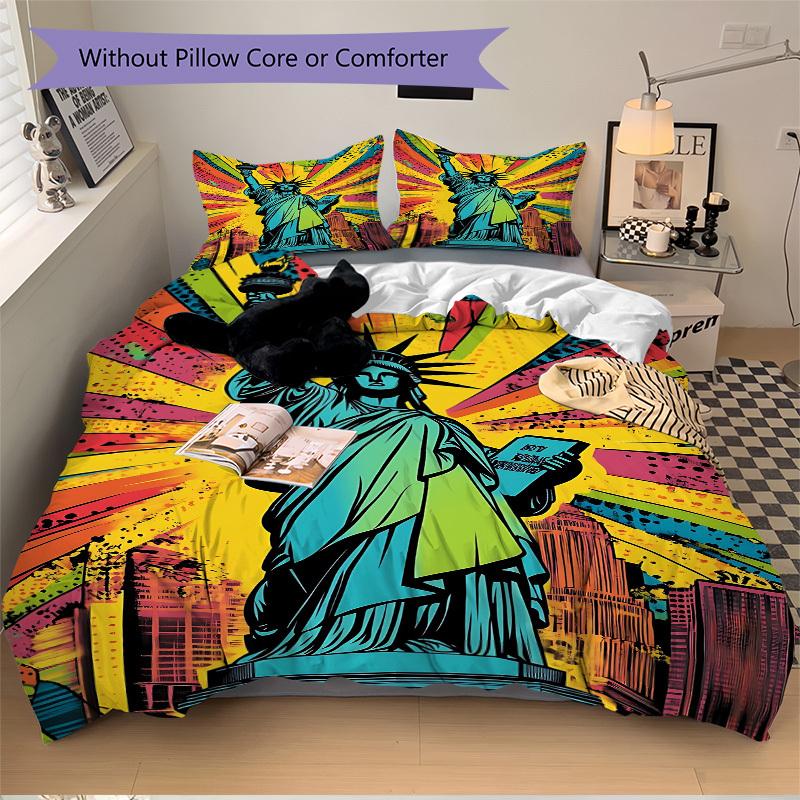3pcs Statue of Liberty Duvet Cover Set, 1 Duvet Cover + 1/2 Pillowcases (No Insert), Bedroom Decor, Allseason Comfort Yy251021258